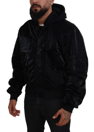 Schwarze Nylon-Kapuzen-Bomberjacke mit durchgehendem Reißverschluss