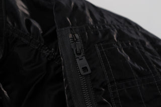 Schwarze Nylon-Kapuzen-Bomberjacke mit durchgehendem Reißverschluss