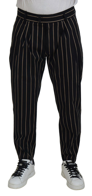 Pantalones de algodón elástico a rayas negro y beige