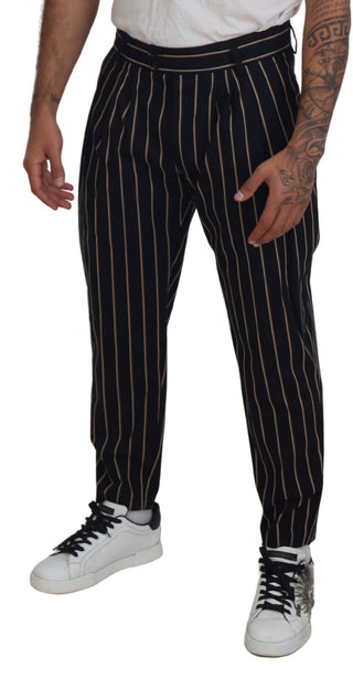 Pantalones de algodón elástico a rayas negro y beige