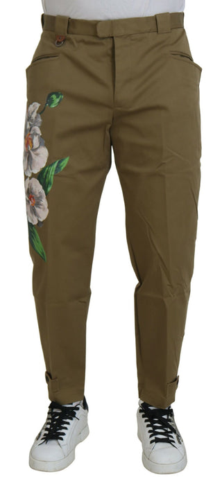 Pantalones chinos de algodón elástico beige con flores