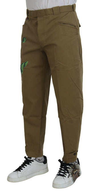 Pantalones chinos de algodón elástico beige con flores