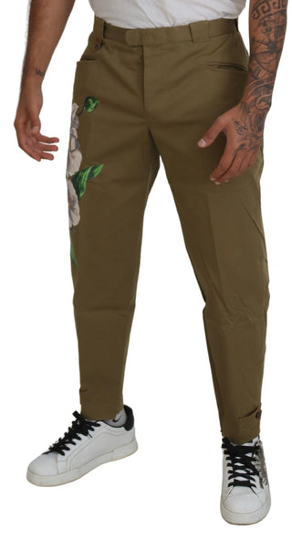 Pantalones chinos de algodón elástico beige con flores