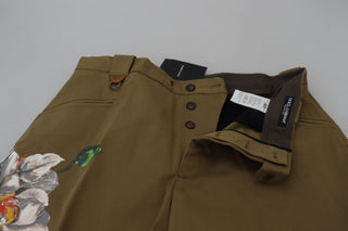 Pantalones chinos de algodón elástico beige con flores
