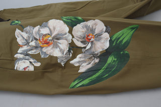 Pantalones chinos de algodón elástico beige con flores