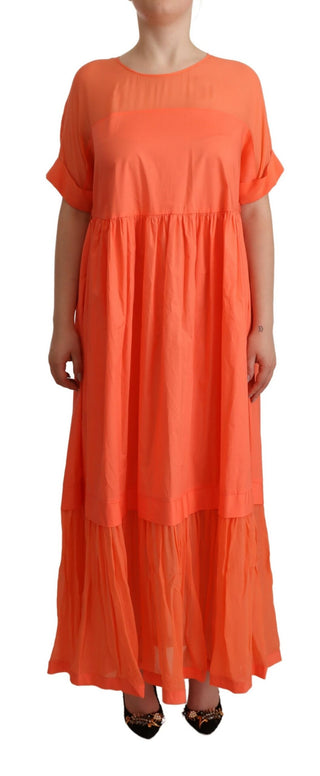 Vestido coral de mezcla de algodón con manga corta y corte recto largo