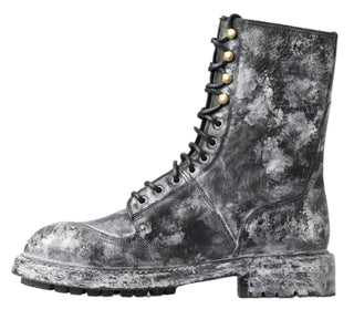 Schwarze graue Leder-Mid-Calf-Stiefel Schuhe