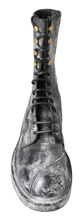 Schwarze graue Leder-Mid-Calf-Stiefel Schuhe