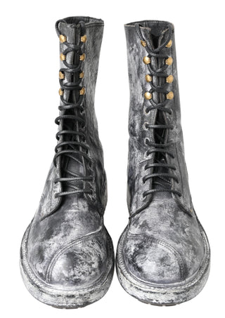 Schwarze graue Leder-Mid-Calf-Stiefel Schuhe