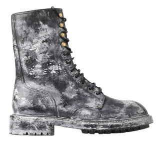 Schwarze graue Leder-Mid-Calf-Stiefel Schuhe