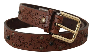 Brauner Ledergürtel mit Blumen und Nieten und Metallschnalle