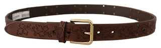 Brauner Ledergürtel mit Blumen und Nieten und Metallschnalle