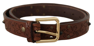 Brauner Ledergürtel mit Blumen und Nieten und Metallschnalle