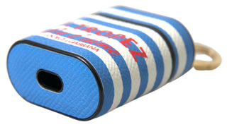 Funda para Airpods de cuero Dauphine azul con rayas y logo impreso