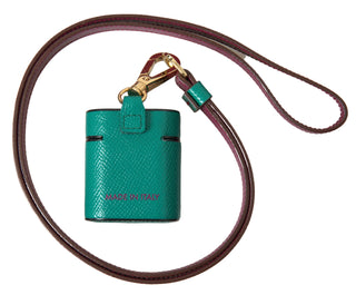 Funda para Airpods con correa de cuero de becerro verde y granate con logo impreso