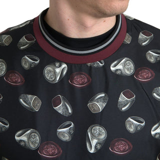 Seidenpullover mit Rundhalsausschnitt und schwarzem Ringmuster