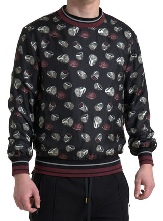 Seidenpullover mit Rundhalsausschnitt und schwarzem Ringmuster