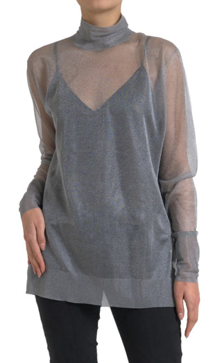 Graues Netz-Rollkragen langärmelige Bluse Top