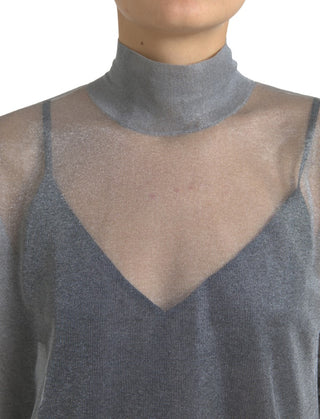 Graues Netz-Rollkragen langärmelige Bluse Top