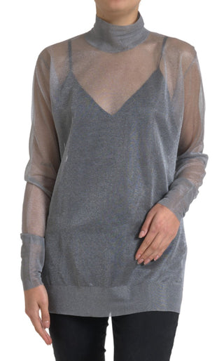 Graues Netz-Rollkragen langärmelige Bluse Top