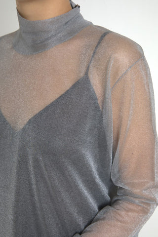 Graues Netz-Rollkragen langärmelige Bluse Top