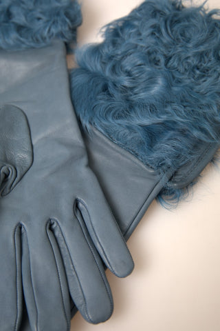 Blaue Lederpelz-Handschuhe in mittlerer Armlänge