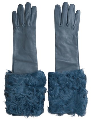 Blaue Lederpelz-Handschuhe in mittlerer Armlänge