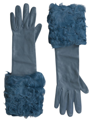 Blaue Lederpelz-Handschuhe in mittlerer Armlänge
