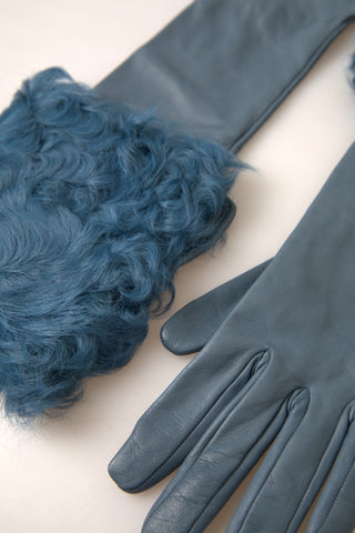 Blaue Lederpelz-Handschuhe in mittlerer Armlänge