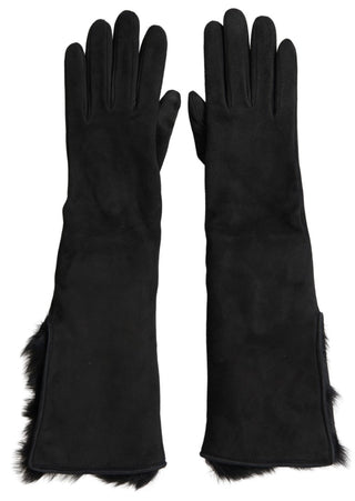 Schwarze lederne, ellenbogenlange Handschuhe mit Fell