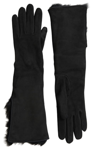 Schwarze lederne, ellenbogenlange Handschuhe mit Fell