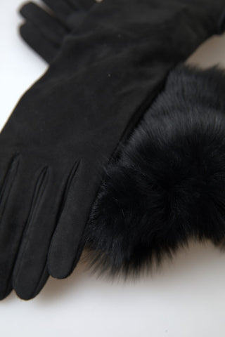 Schwarze lederne, ellenbogenlange Handschuhe mit Fell