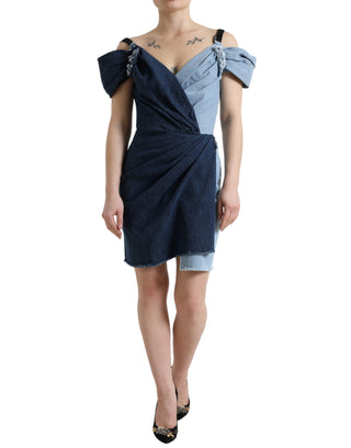 Blaues Patchwork Zweifarbiges Denim-Minikleid