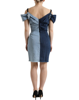 Blaues Patchwork Zweifarbiges Denim-Minikleid