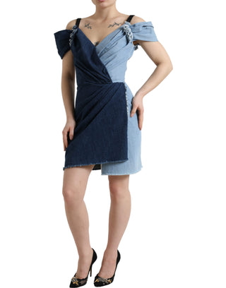 Blaues Patchwork Zweifarbiges Denim-Minikleid