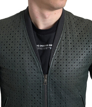 Grüne perforierte Lederbomberjacke