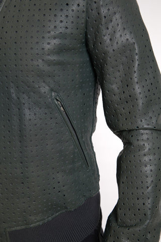 Grüne perforierte Lederbomberjacke