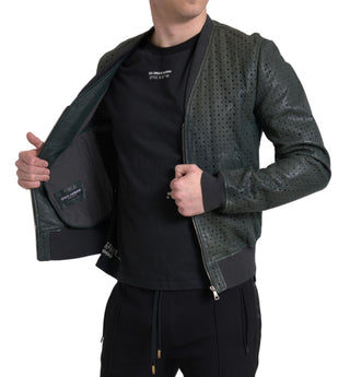 Grüne perforierte Lederbomberjacke