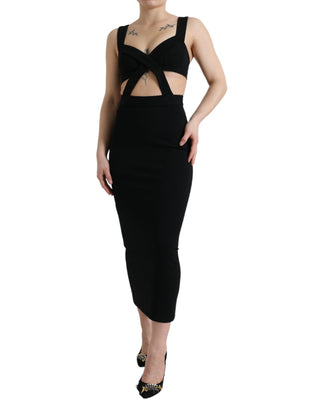 Vestido midi ajustado sin mangas negro con recortes  