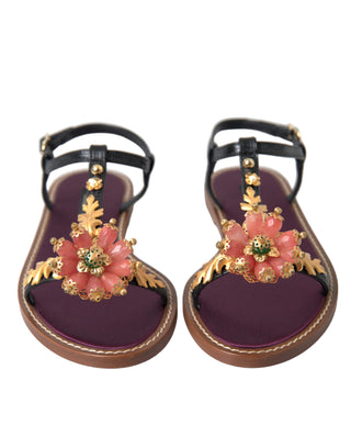 Sandalias de cuero negras con cristales dorados  