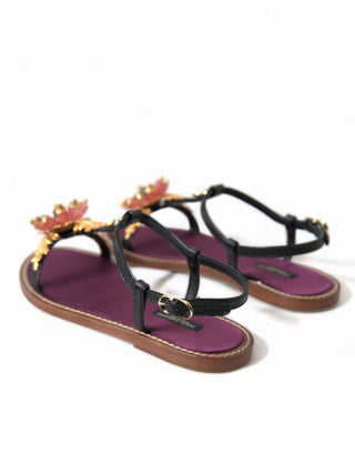 Sandalias de cuero negras con cristales dorados  