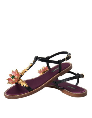 Sandalias de cuero negras con cristales dorados  