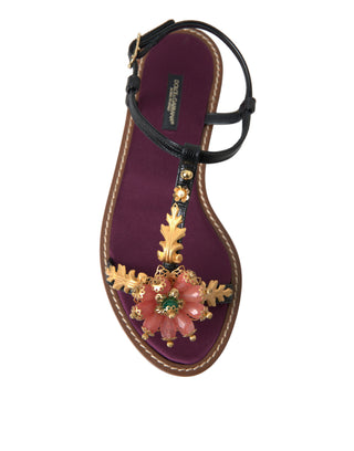 Sandalias de cuero negras con cristales dorados  
