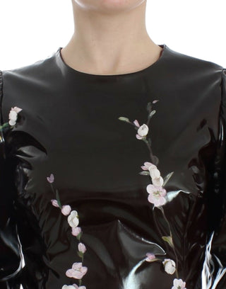 Schwarzes Etuikleid mit Blumenmuster und 3/4-Ärmeln