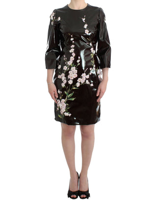 Vestido negro floral pintado a mano con charol