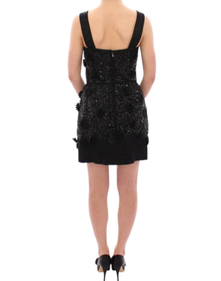 Vestido de encaje floral negro con cristales incrustados