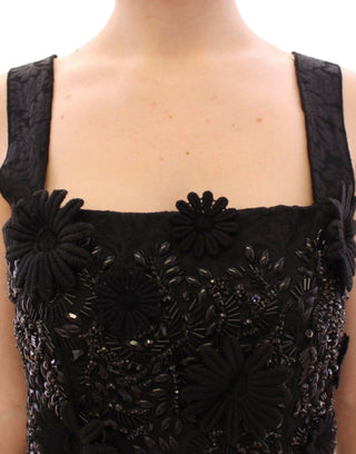 Vestido de encaje floral negro con cristales incrustados