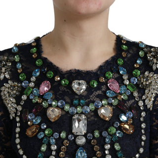 Blaues bodenlanges Kleid aus floraler Spitze mit Kristalldetails