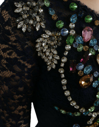 Blaues bodenlanges Kleid aus floraler Spitze mit Kristalldetails