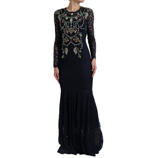 Blaues bodenlanges Kleid aus floraler Spitze mit Kristalldetails